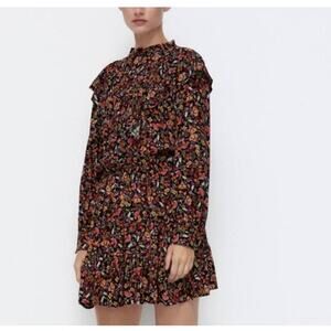 ZARA NWT Midi Floral Print V-neck Smocked Waist Long Sleeve Ruffle Dress S